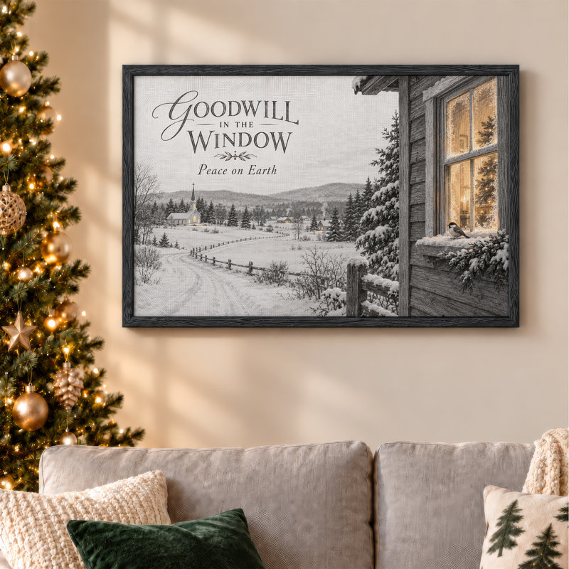 «Snowy Cabin Window with Chickadee and Distant Christmas», art mural sur toile, H 36 po x l 48 po