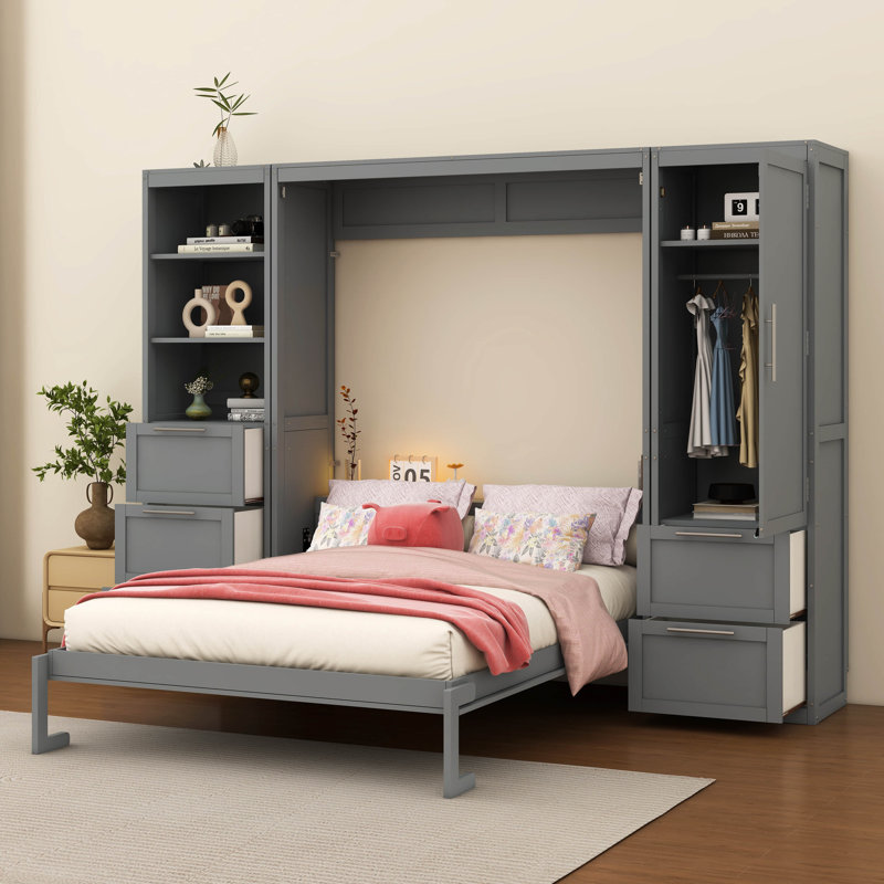 Grand lit escamotable mural avec placard, Gris