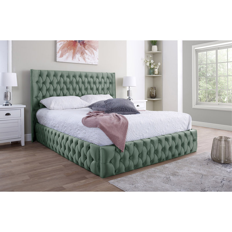 Upholstered Velvet Bed, Double (4'6), Duck Egg