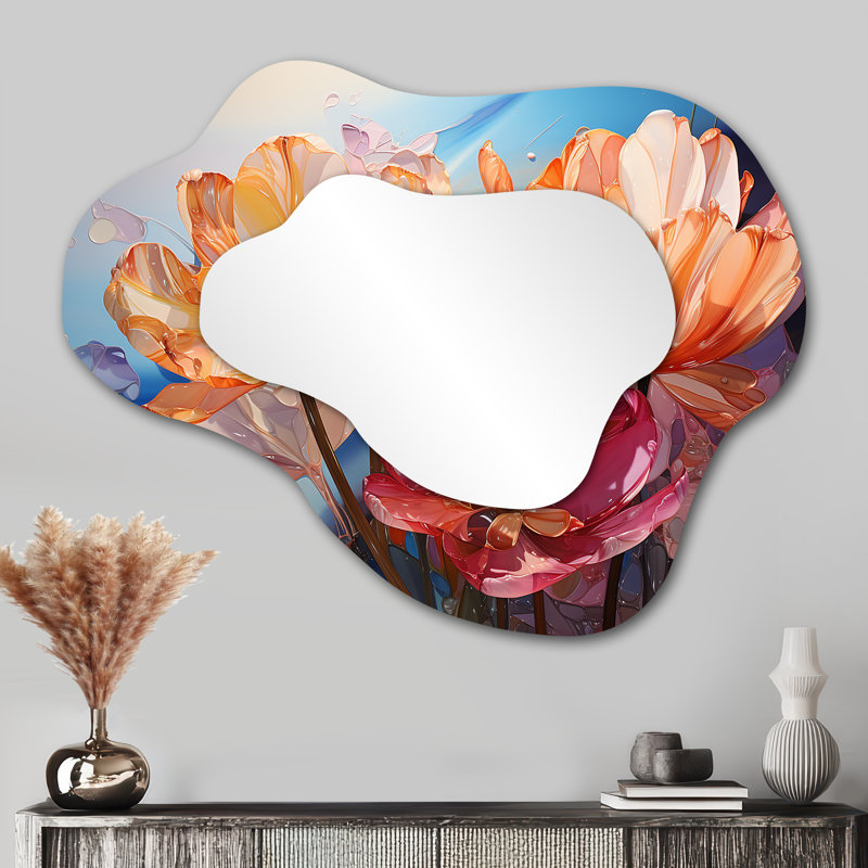 Zimmer Glass Tulips Liquid Art - Tulips Cloud Large Wall Mirror, Traditional Asymmetrical Unique Mirror, Printed Metal Art