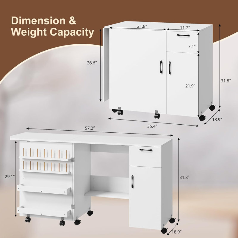 Folding Sewing Machine Table With Storage Shelves And Sliding Drawer, Rolling Side Desk With Lockable Wheels, Craft Station For Sewing Machine For Home, Bedroom, White