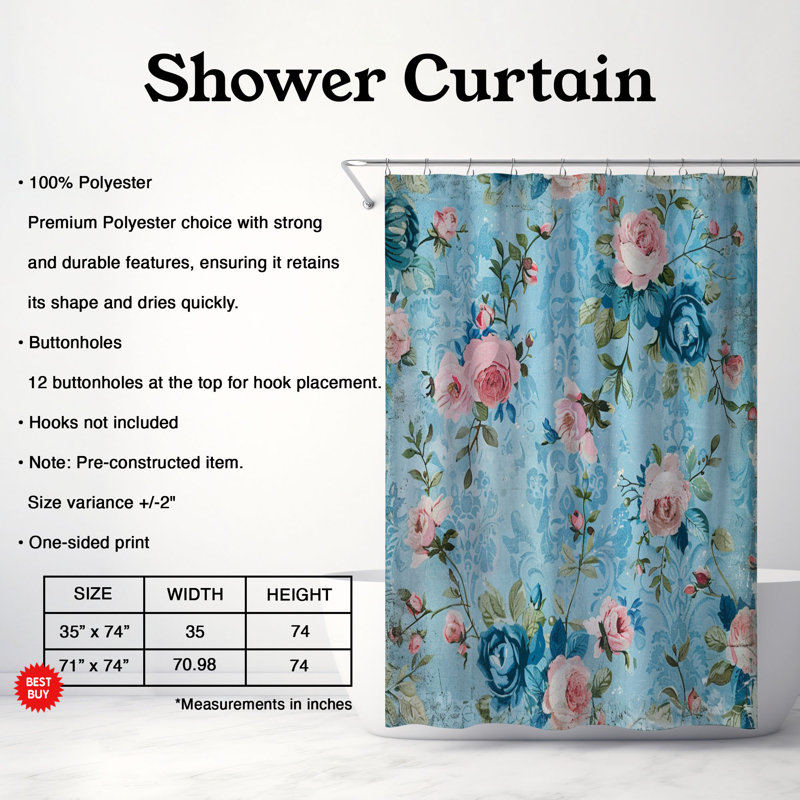 Shabby Blue Florals - 1 Piece Standard Shower Curtain, 74" H x 71" W