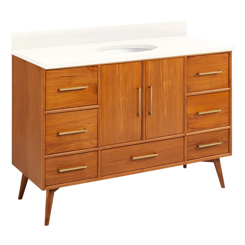 48" Novak Single Bathroom Vanity Set with Oval Undermount Sink, Arctic White Quartz, 8" Widespread, Natural Teak