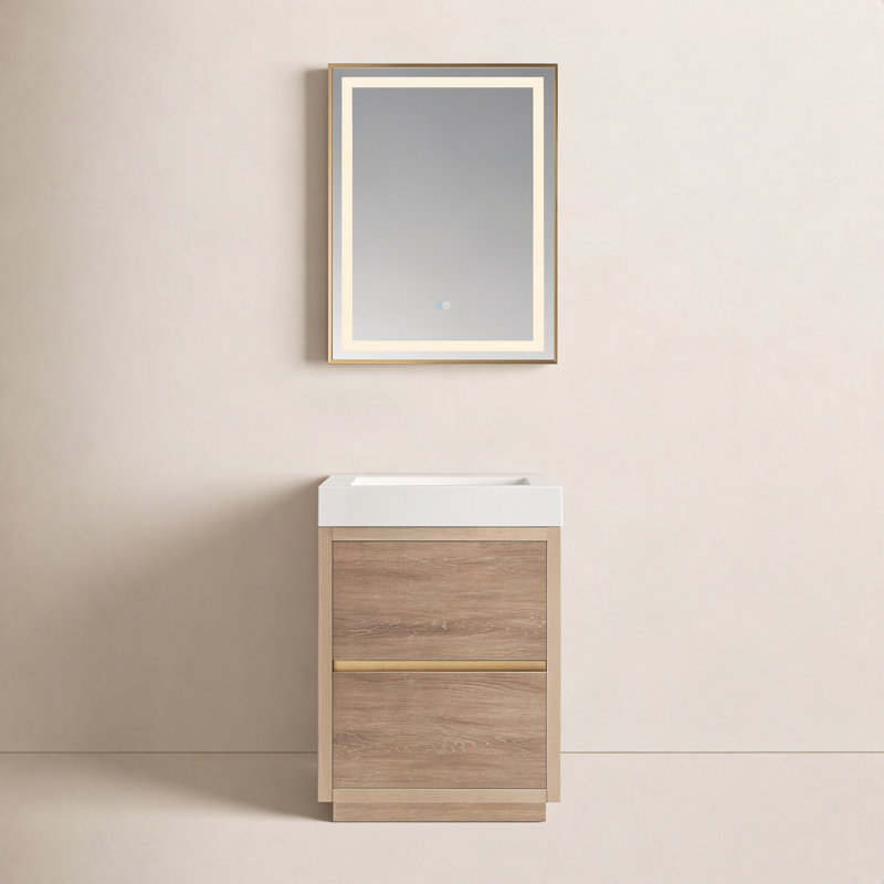 Ensemble de meuble-lavabo simple 24 po avec miroir Huesca, Blanc, Chêne nord-américain