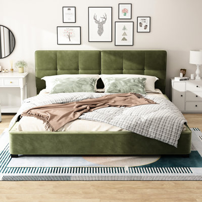 Très grand lit plateforme tapissier en velours olive avec tête de lit incurvée et coins carrés doux, aucun sommier requis, assemblage facile, 12 pieds de support centraux en lattes de bois, large rembourré luxueusement profond
