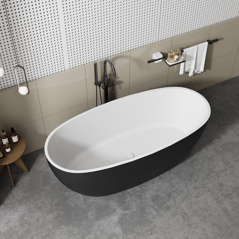 55 In. X 30.7 In. Solid Surface Freestanding Flatbottom Soaking Bathtub With Drain In Black And White, Black/White