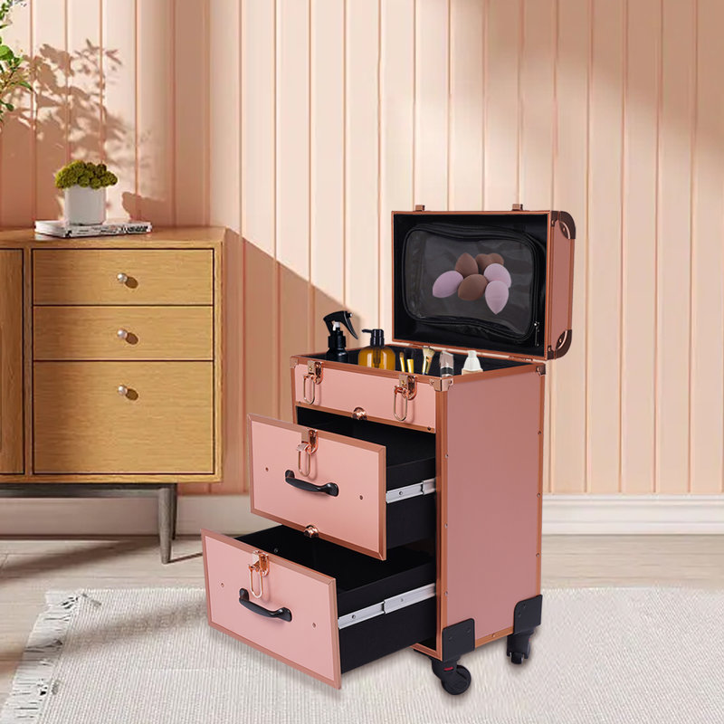 Large Cosmetic Trolley Bin With Locks, Rose Gold