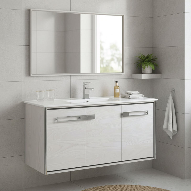 42'' Single Bathroom Vanity with Vitreous China Top, Mild Gray Oak, Polished Chrome