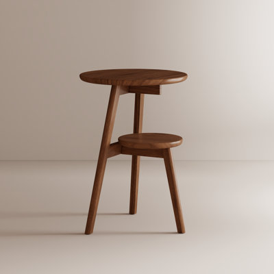 Table d'appoint ronde à deux niveaux en bois massif avec pieds en trépied de 16,5 po Baseeth | Table de bout moderne Mid-Century à deux niveaux pour salon et chambre à coucher |