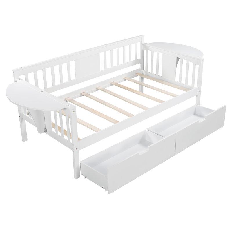 Lit de jour avec deux tiroirs, support en lattes de bois, Blanc, Lit simple
