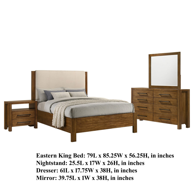 Ensemble de chambre à coucher pour très grand lit 4 pièces Adan, tête de lit en polyester crème, bois d'hévéa brun