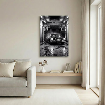 Mercedes Wedding Car in Car Wash Black and White Canvas Wall Art