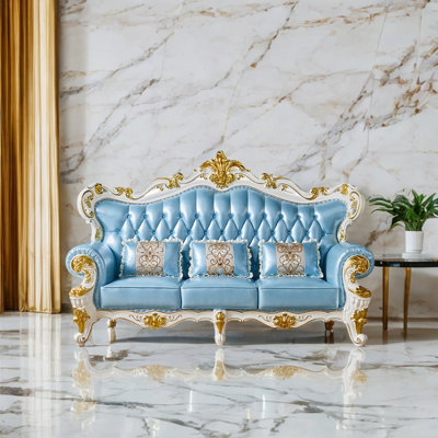 European Style Leather Solid Wood Luxury Sofa 90.5'' Leather Sofa