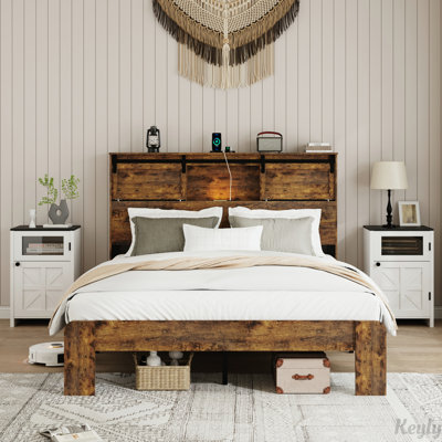 Sturdy Metal Queen Bed Frame with Charging Station, No Box Spring Required, Easy Assembly, Dark Brown Finish