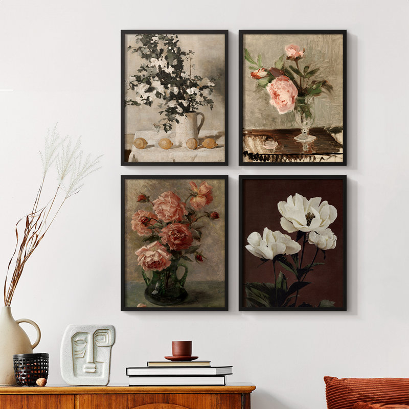 «Vintage Floral Print», reproduction encadrée CECXLVII, ensemble de 4, Noyer, H 10 po x l 32 po