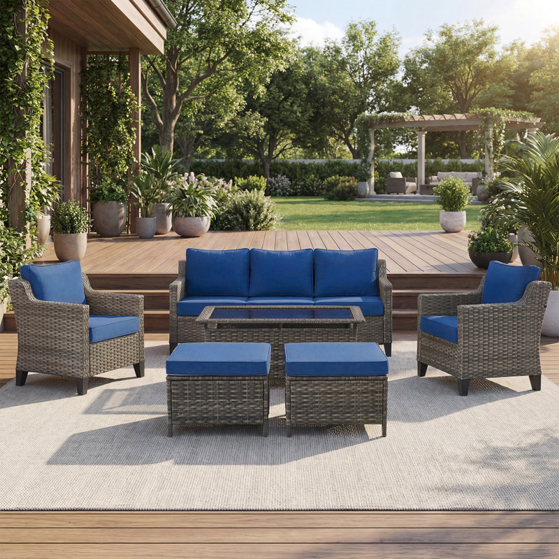 Ensemble de conversation pour patio 6 pièces avec table basse Arlene, Bleu