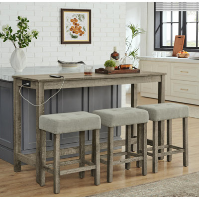 59-Inch Multifunctional Bar/Dining/Sofa Table Set Built-in 2 AC Outlets + 2 USB Ports 3 Linen-Upholstered Stools 4-Piece Set for Living Room, Dining & by Arlmont & Co.