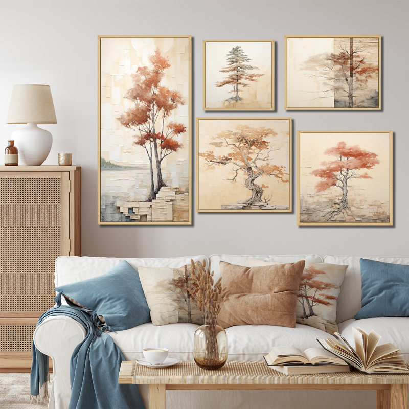 Minimalisme, séquoia beige, ensemble de 5 décorations murales séquoia, Cadre flottant brun