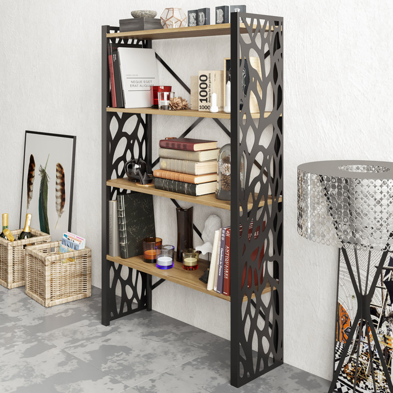 147.32cm H x 88.9cm W Metal Etagere Bookcase, Black/Oak