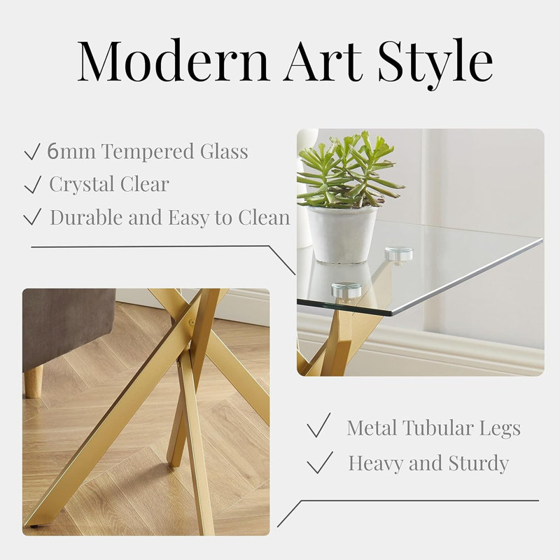 Gold Square Side Table with Glass Top and Metal Legs
