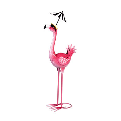 Flamingo with Black Stripe Umbrella Metal Garden Statue, 25in