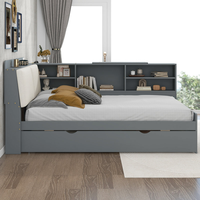  Full Wood Platform Bed with Trundle, Storage Headboard and Functional Display Shelves, Gray, Gray, Full/Double