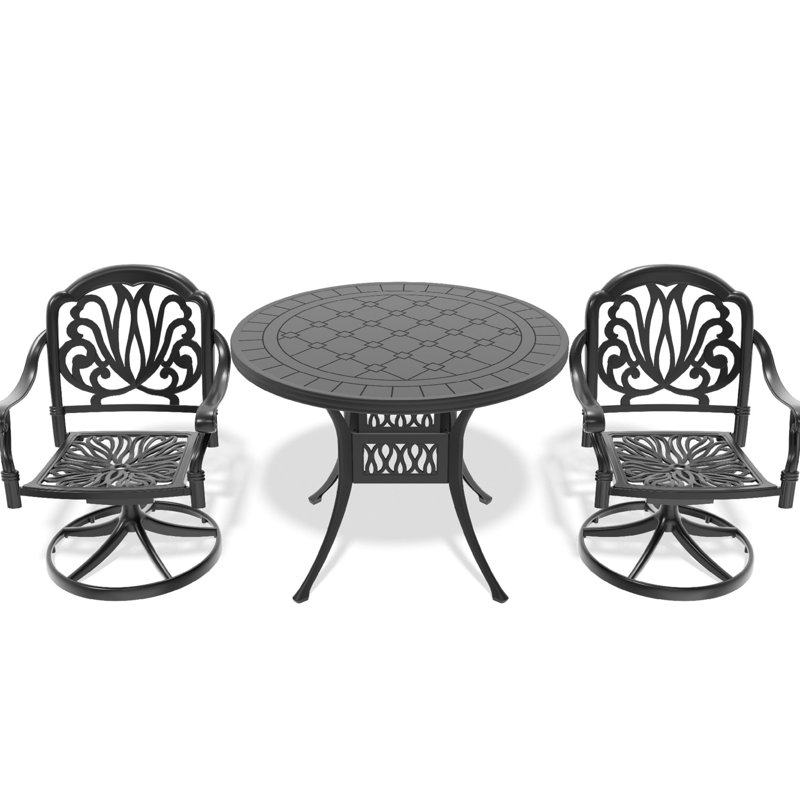 3 chaises de salle à manger en aluminium avec 2 chaises pivotantes et une table de 39,37 po, noire, résistante aux intempéries et confortable, facile à assembler