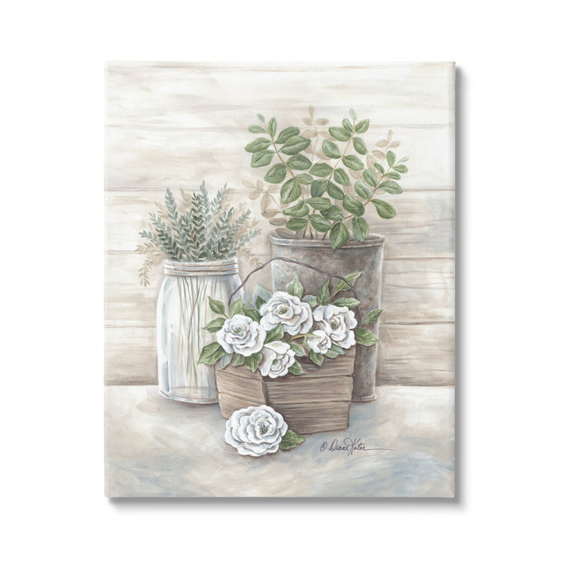 "Country Succulents Botanicals", pot de fleurs rustique, art mural par Diane Kater, Toile tendue