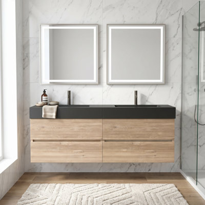 Meuble-lavabo mural moderne 60 po en chêne avec lavabo à surface solide noir mat d'ingénierie, tiroirs souples (30 po * 2)