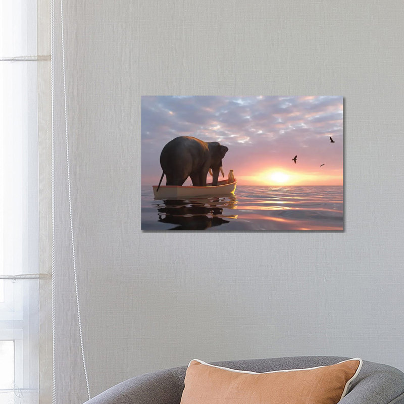 Elephant And Dog Sail In A Boat At Sea by Mike Kiev - Wrapped Canvas Print, 66.04 cm H x 45.72 cm W x 3.175 cm D