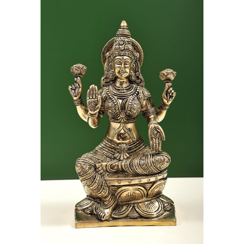 Statue en laiton 12 "Déesse Lakshmi assise sur lotus - Déesse indou de la richesse fabriquée à la main pour l'autel et la décoration spirituelle