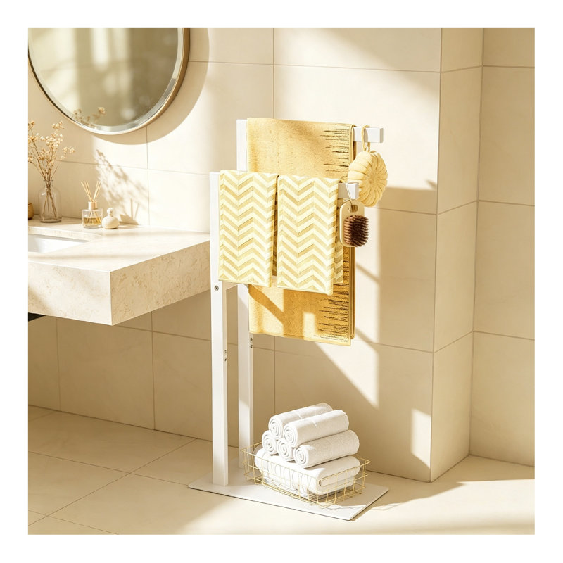 2-Tier Freestanding Towel Rail, Heavy Duty Metal Towel Rack with Bottom Shelf, Floor Standing Towel Drying & Display Stand for Bathroom, Pool and Bedroom