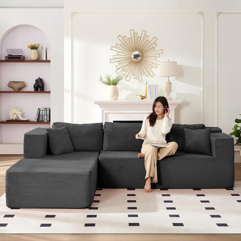 Canapé modulaire en L 106 po avec méridienne et velours côtelé, Face à la gauche