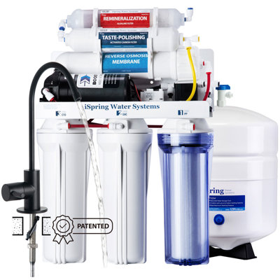 iSpring RCC7P-AK-BLK, 6-Stage Alkaline Reverse Osmosis System with Booster Pump, Up to 2:1 Pure to Drain RO Water Filtration System, Sleek Black RO Faucet, TDS PFAS Microplastic Removal, Patented Top-Mounted Faucet Design for Easy Installation