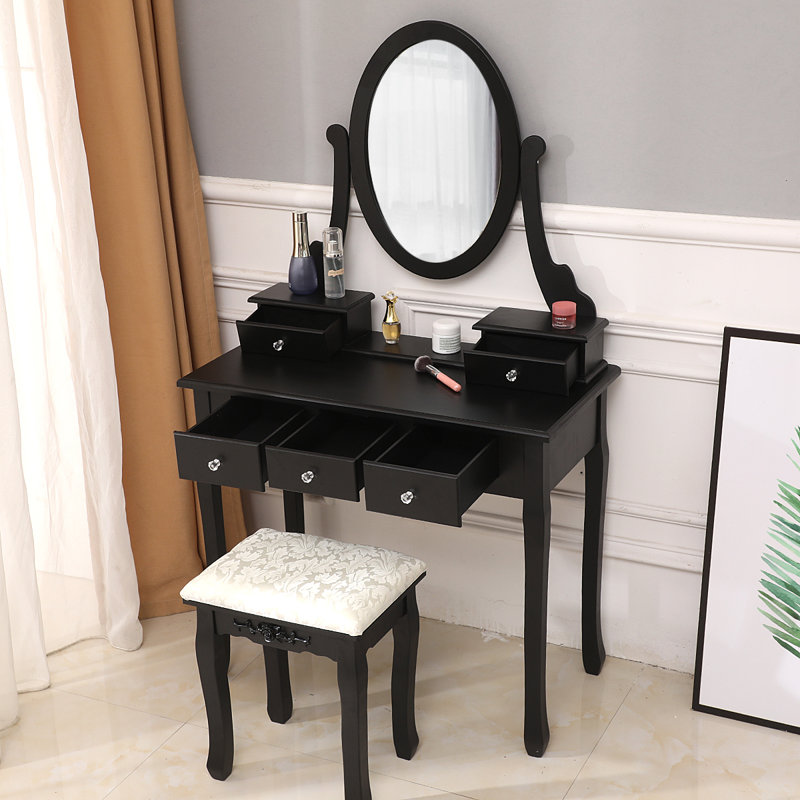 Ensemble de meuble-lavabo en bois massif avec tabouret et miroir Erlantz, Noir