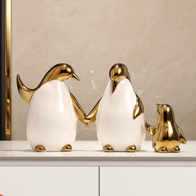 Set of 3 Modern Ceramic Abstract White Gold Penguins Statues
