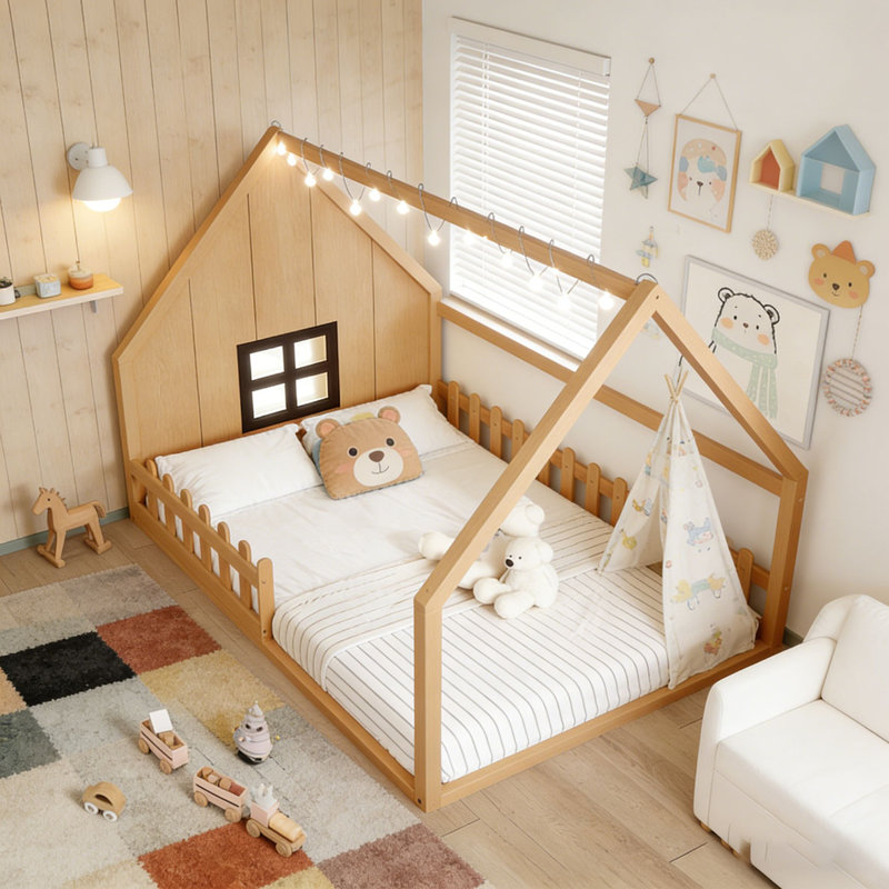 Lit double en bois avec fenêtre et clôture, Naturel