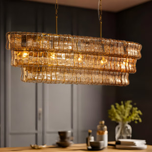 Lustre oblong 47 po à 5 lumières avec abat-jour en verre