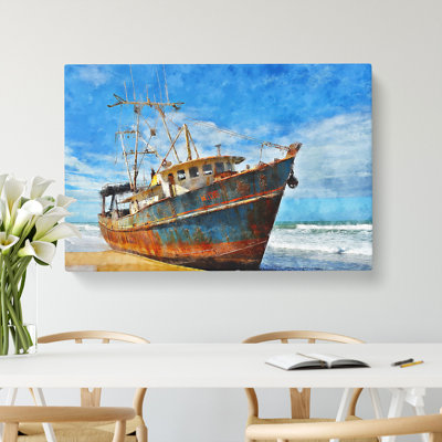 Boat Wreck On The Beach - Wrapped Canvas
