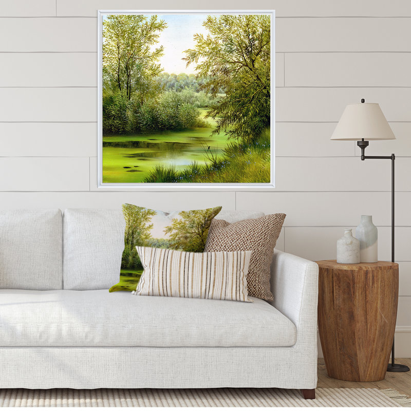 «Beautiful Summer River Through Trees Landscape», reproduction sur toile, H 36 po x l 36 po x P 1,5 po, Cadre flottant blanc
