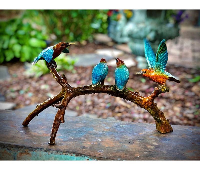 Bronze Colorful Hummingbirds on Branch Figurine