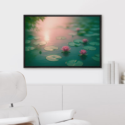 Doux étang de lotus rose au coucher du soleil, reproduction d'art sur toile encadrée dans la chambre principale