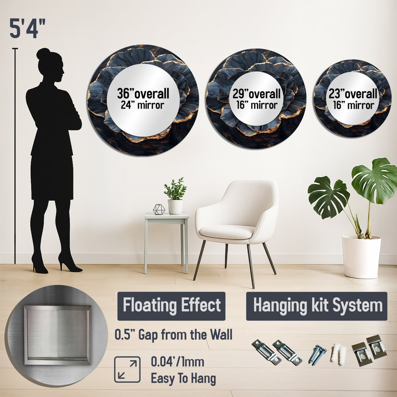Gold Blue Peonies Geode Stone I - Floral Accent Wall Mirror - Printed On Metal, 36" x 36"