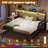 Daybed Twin with Pop Up Trundle, Farmhouse Wooden Day Bed Frame with 3 Storage Drawers and Shelves, Twin to King Daybed with Charging Station and LED Lights for Bedroom, Guest Room, Grey-1131305966-1124053277