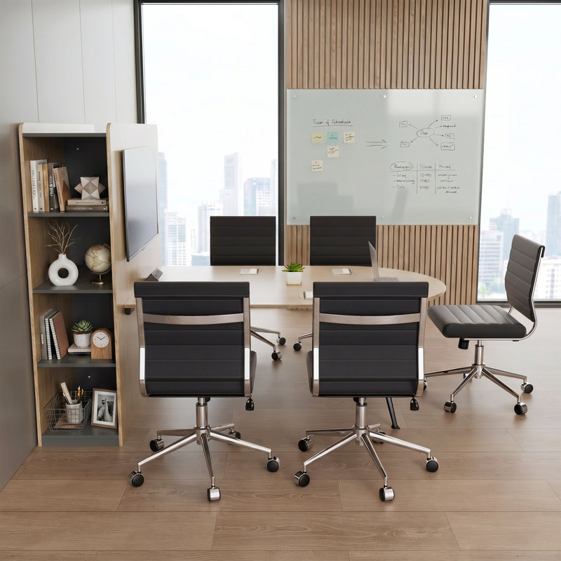 Ensemble de table de conférence de 90 po avec prises murales et prises de télévision et 5 chaises de bureau pivotantes sans accoudoirs à dossier moyen
