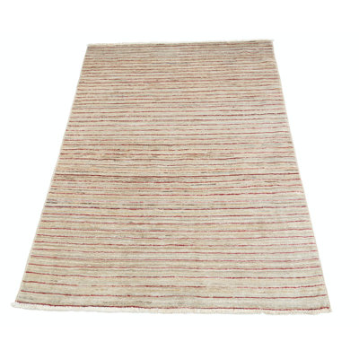 Tapis décoratif ivoire, beige et rouge en laine noué à la main 3,2 pi 4,8 pi