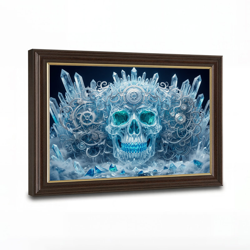 Art mural sur toile, crâne de cristal avec engrenages argentés et cristaux bleus, H 16 po x l 24 po
