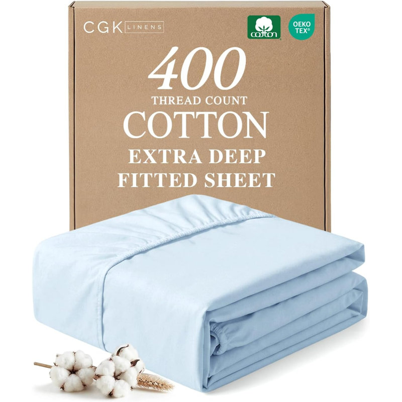 100% Cotton Fitted Sheet Only, 400 Thread Count Hotel Luxury Bedding, Soft & Breathable, Deep Pocket 8–16 Inch Mattress Fit