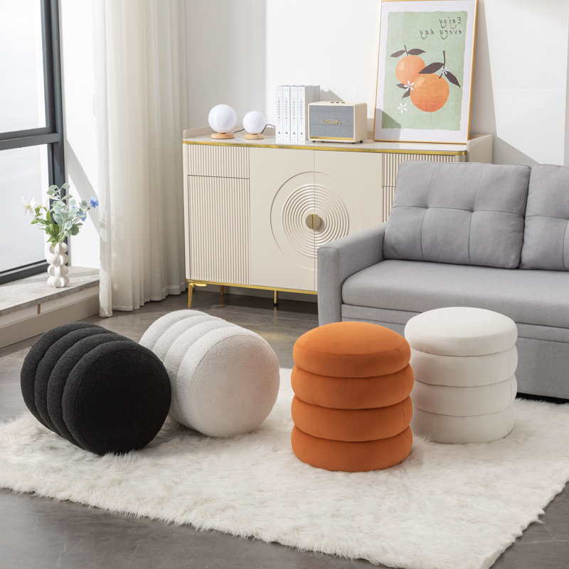Repose-pieds rond Hasset, repose-pieds rond doux, repose-pieds, Velours blanc