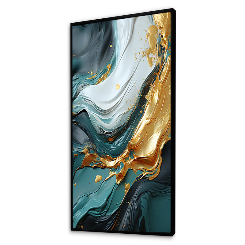 Or et vert cascade de marbre blanc IV - art mural abstrait, Cadre flottant noir, H 60 po x l 28 po x P 1,5 po